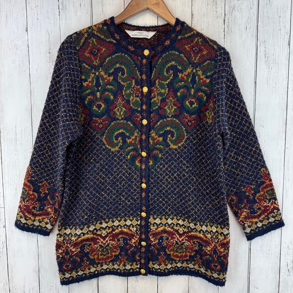 VTG Marks & Spencer Blue Tapestry Knit Button Down Cardigan Sweater Size 8 - Picture 1 of 16